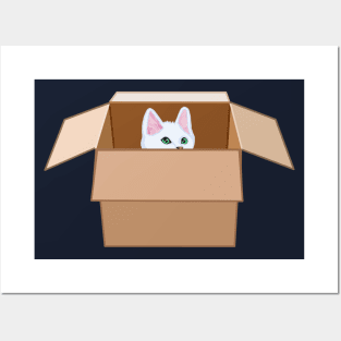 White Kitten Peeking from Cardboard Box Posters and Art